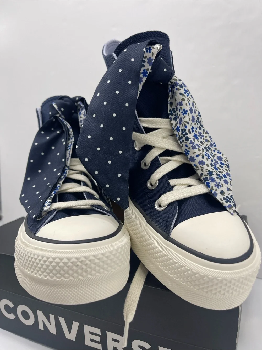 Converse CTAS High Top Platform Sneakers in Navy with Polka-Dot Scarf Laces